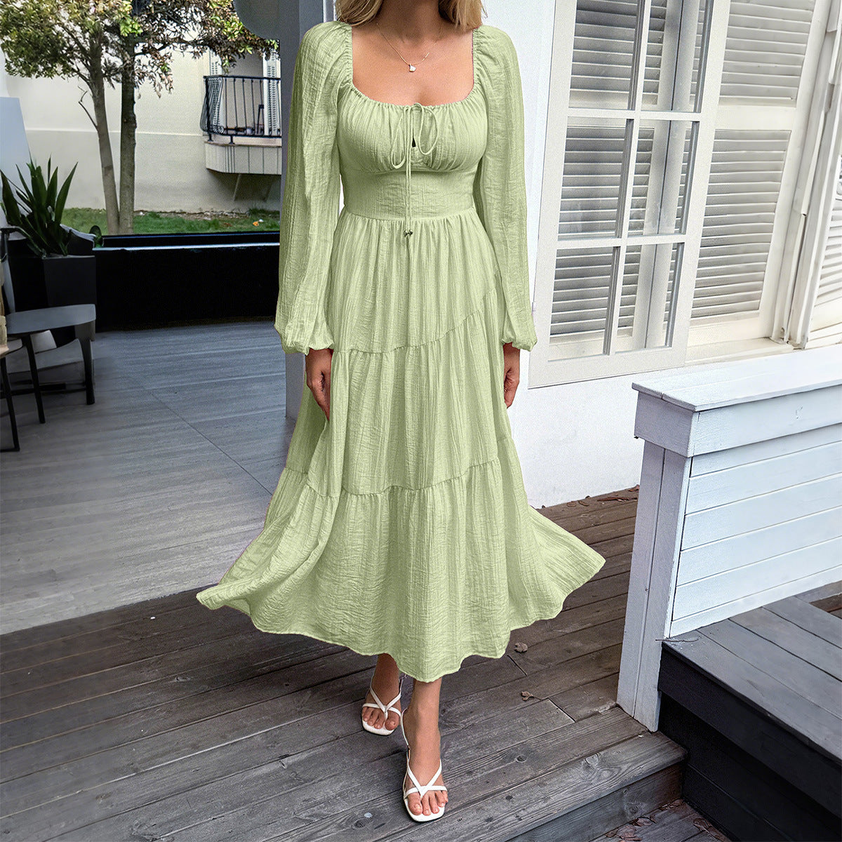 Women's Puff Sleeve Lyocell Midi Dress – Soft Mid Waist Long Sleeve Dress