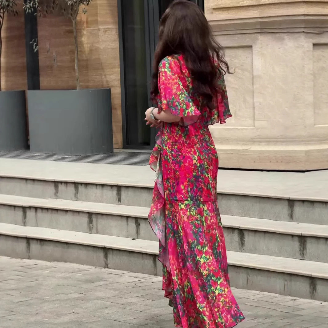Women's Red Floral Ruffle Sleeve Dress – Sexy Spliced Summer Style