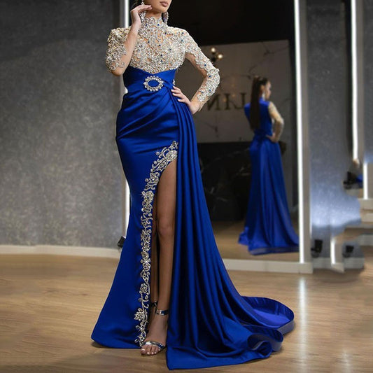 Elegant blue maxi dress with embroidery and long sleeves. Features mid waist and polyester fabric. Perfect for work or events. Sizes S–XXL.