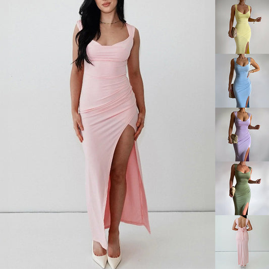 Turn heads in this sleek backless sleeveless dress. Mid-waist fit, solid colors, and breathable polyester make it perfect for summer and parties.
