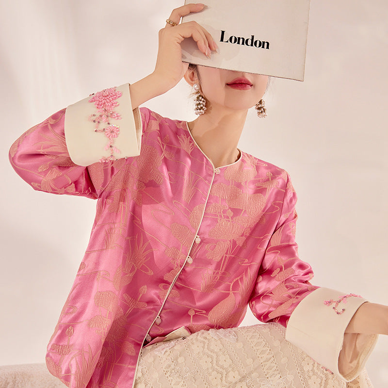 Women’s Pink Silk Blouse – Chinese Style Art Retro Top with Floral Embroidery & Beading