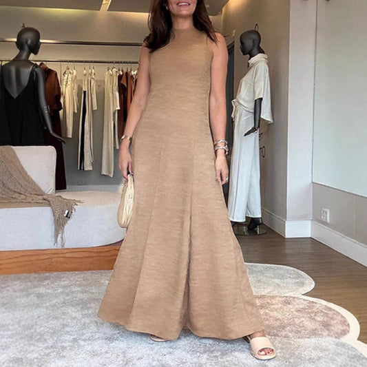 Trendy sleeveless casual dress in Japanese and Korean style. Lightweight polyester, available in gray and khaki. Sizes S–XL. Minimalist everyday look.