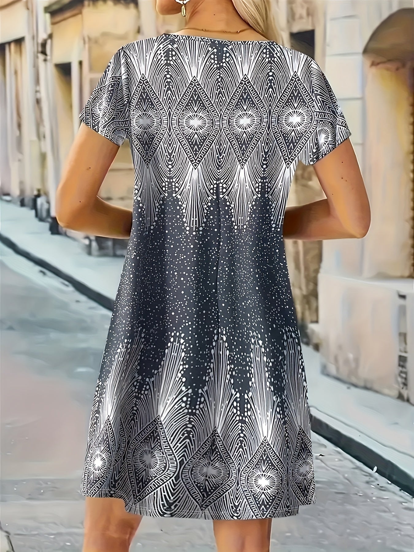 Self Pick-Up – Women’s Printed Casual Short Sleeve V-Neck Dress