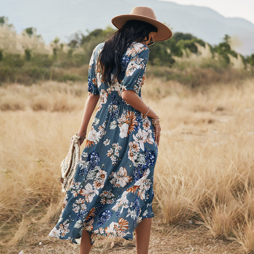 Printed V-Neck Midi Dress – High Waist Flowy Hem Dress with Short Sleeves