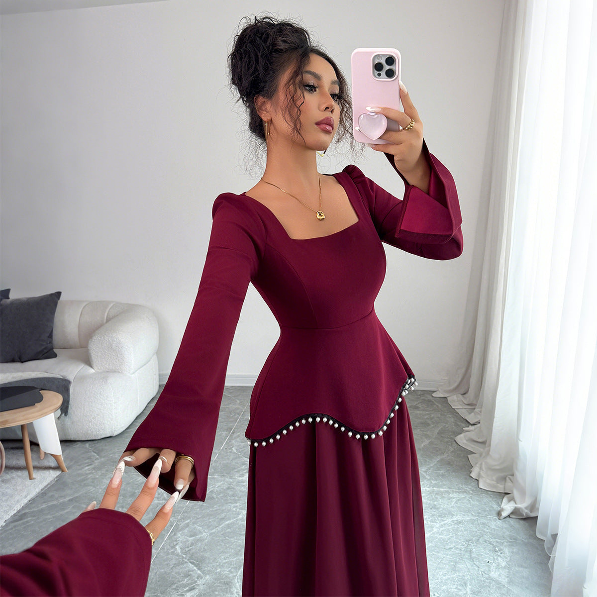 Women's Purplish Red Bell Sleeve Midi Dress – Elegant Mid Waist Long Sleeve Dress