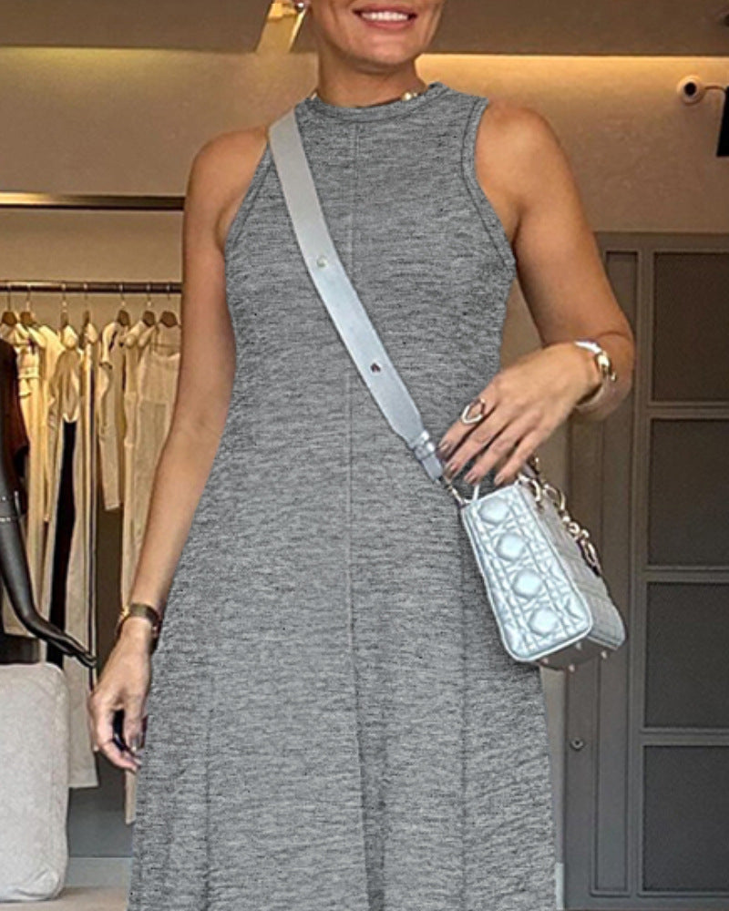 Sleeveless Casual Dress – Korean & Japanese Style in Gray and Khaki