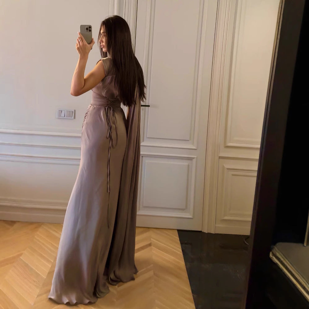 Greyish Purple Sleeveless Long Dress with Ribbon – Mid Waist, S to XXL