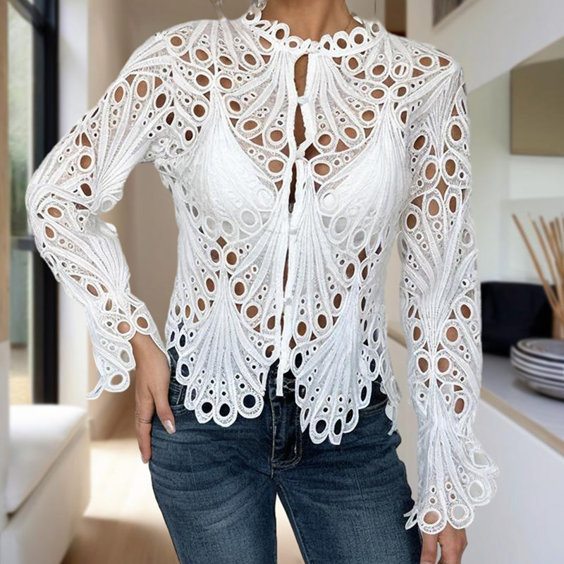 Women’s Sexy Lace Hollow-Out Blouse – Button Front Flared Sleeve Top