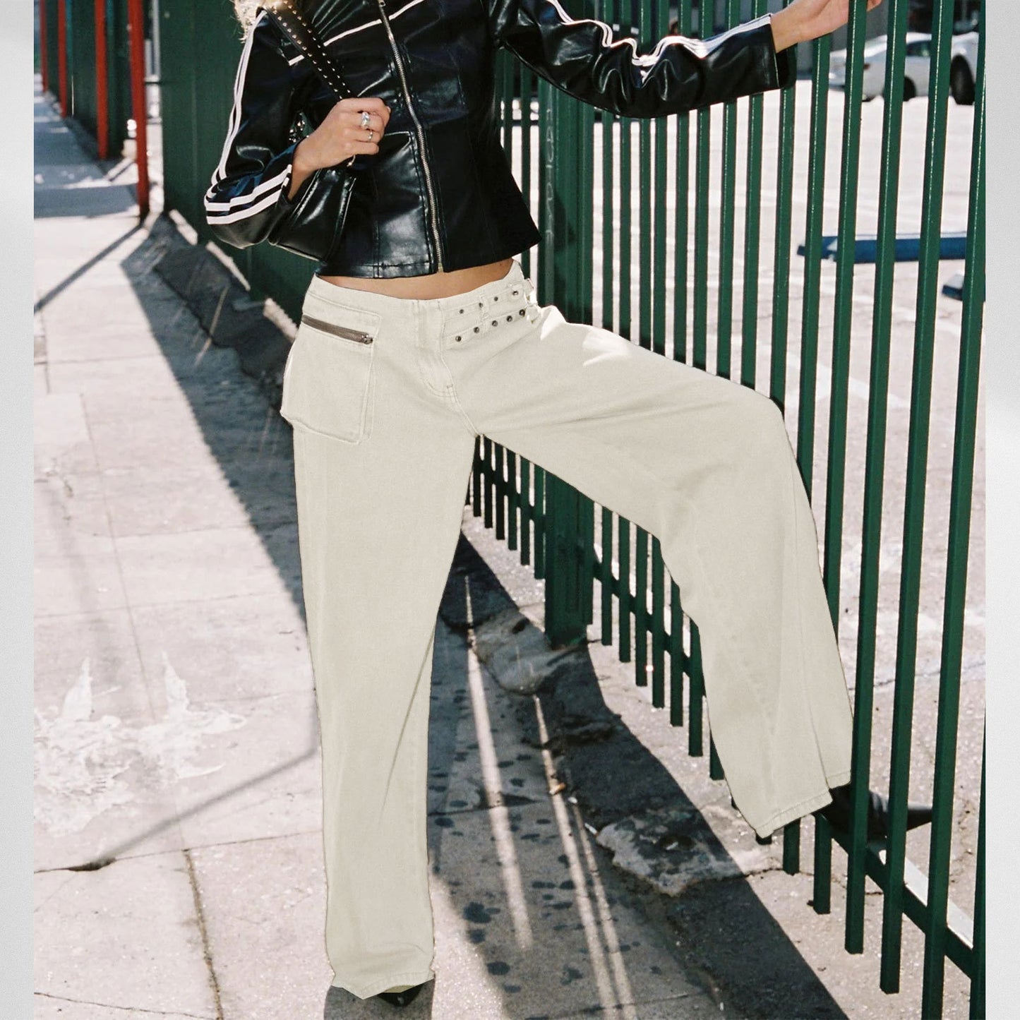 European & American Style Dark Wide-Leg Jeans with Unique Belt Buckle, Asymmetric Pocket, and Trendy Streetwear Vibe