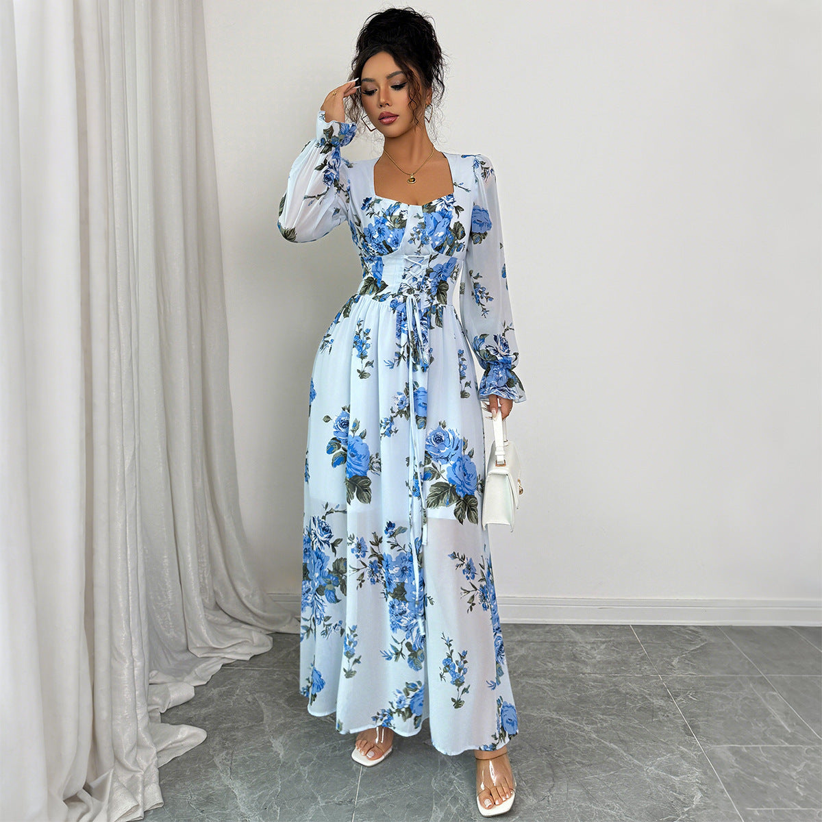 Women's Blue Floral Print Long Sleeve Dress – Mid Waist Elegant Casual Dress