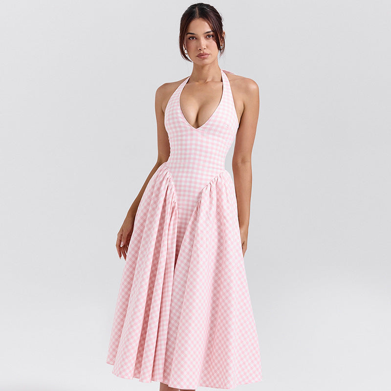 Sexy Deep V-Neck Halter Dress with Hollow Out Detailing – Flared Hem Maxi Dress