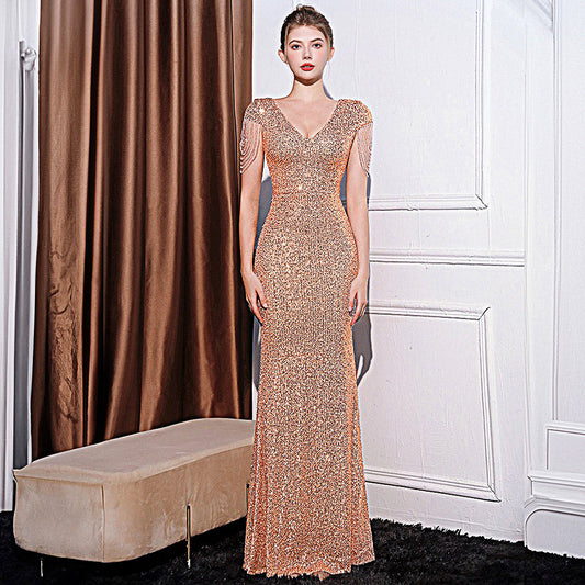 Stunning short sleeve performance dress featuring shimmering rhinestones, a mid-waist fit, and zipper closure. Made from premium polyester in six elegant colors. Perfect for stage events and formal occasions. Sizes S–XXL.