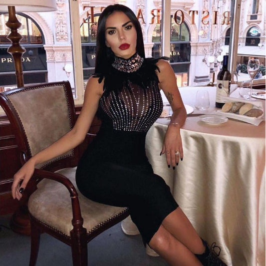 Elegant sling midi dress with delicate beading, high waist design, and a chic one-step skirt. Perfect for stylish commuting or evening wear.