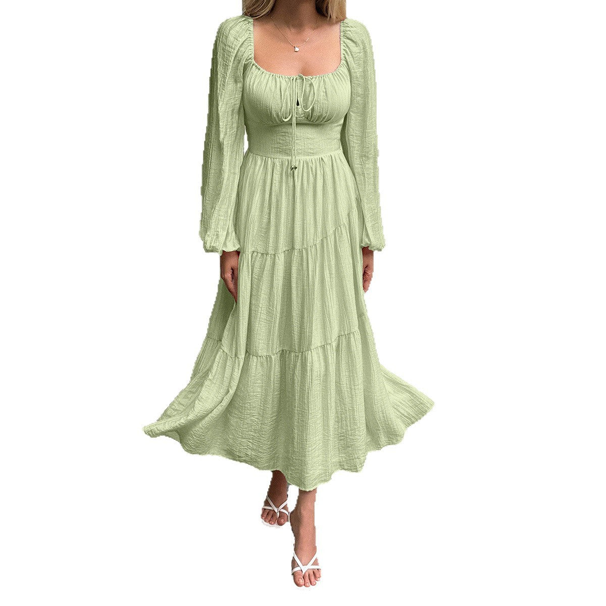 Women's Puff Sleeve Lyocell Midi Dress – Soft Mid Waist Long Sleeve Dress