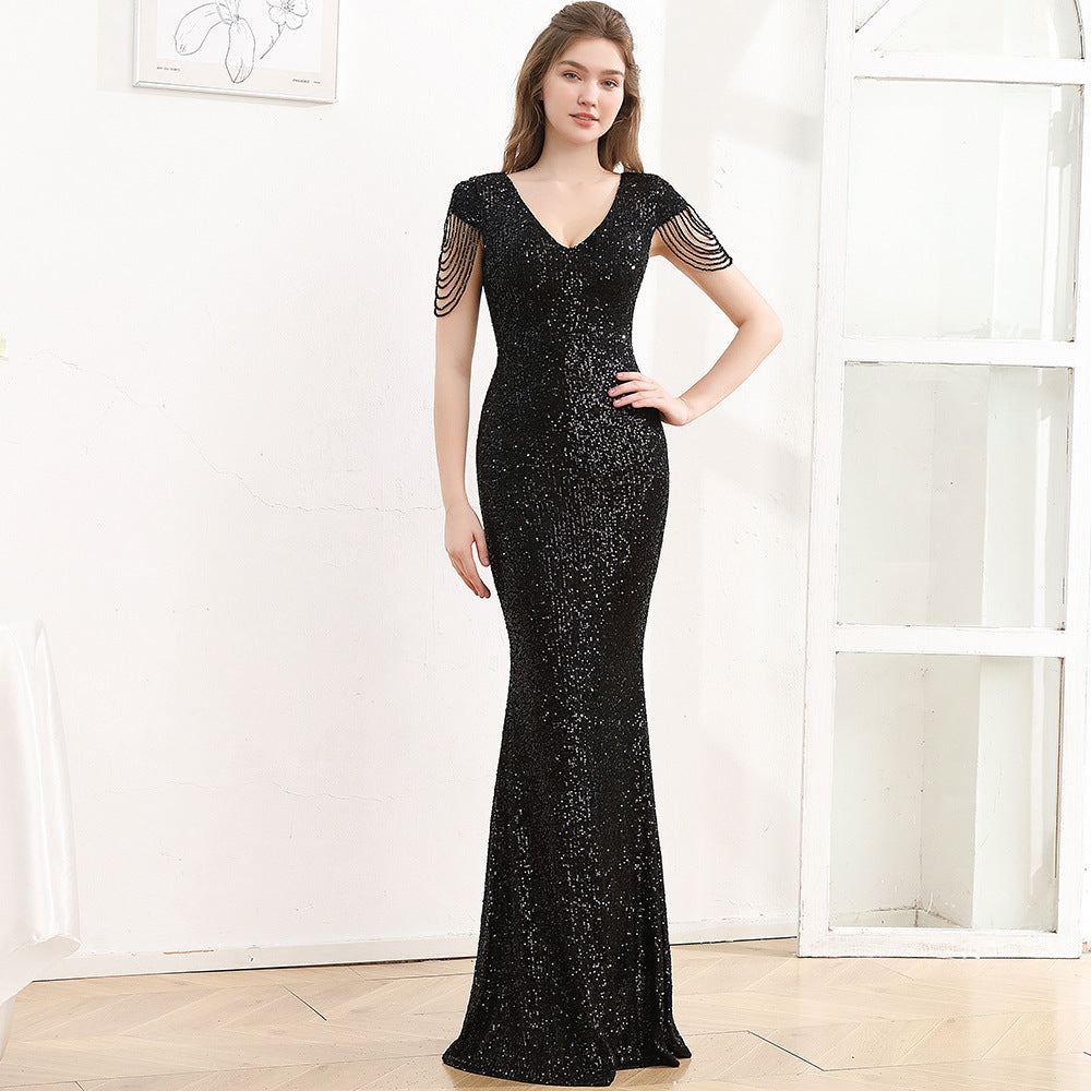 Short Sleeve Rhinestone Performance Dress – Champagne, Silver, Black, Purple, Blue, Wine Red, Dark Green