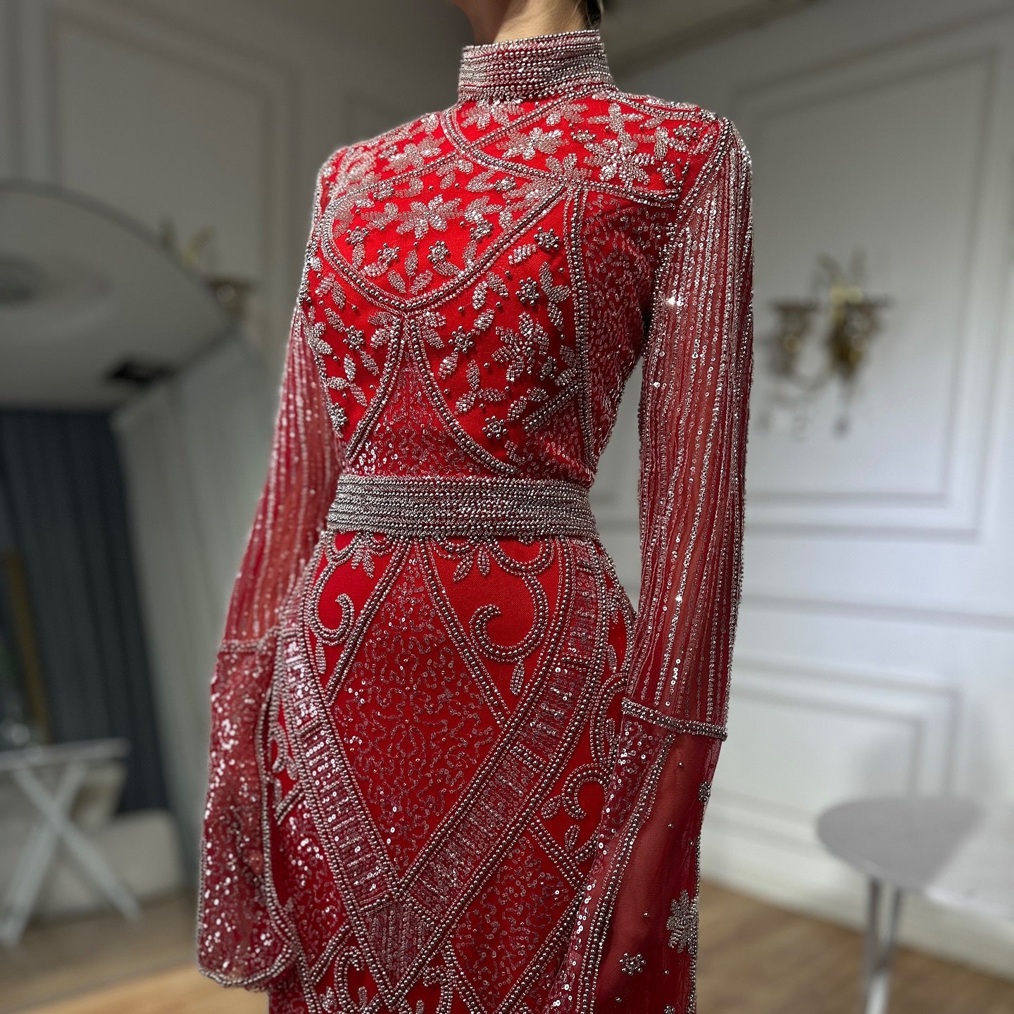 Elegant Long Sleeve Zipper Dress – Red, Black & Gray