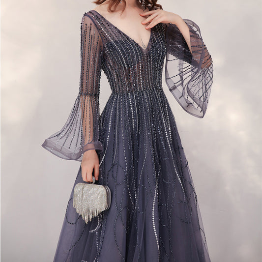 Stylish plain gray dress featuring elegant trumpet sleeves, a flattering mid-waist fit, and a chic zipper detail. Made from a premium blend of 90% polyester and 10% spandex for comfort and stretch.
