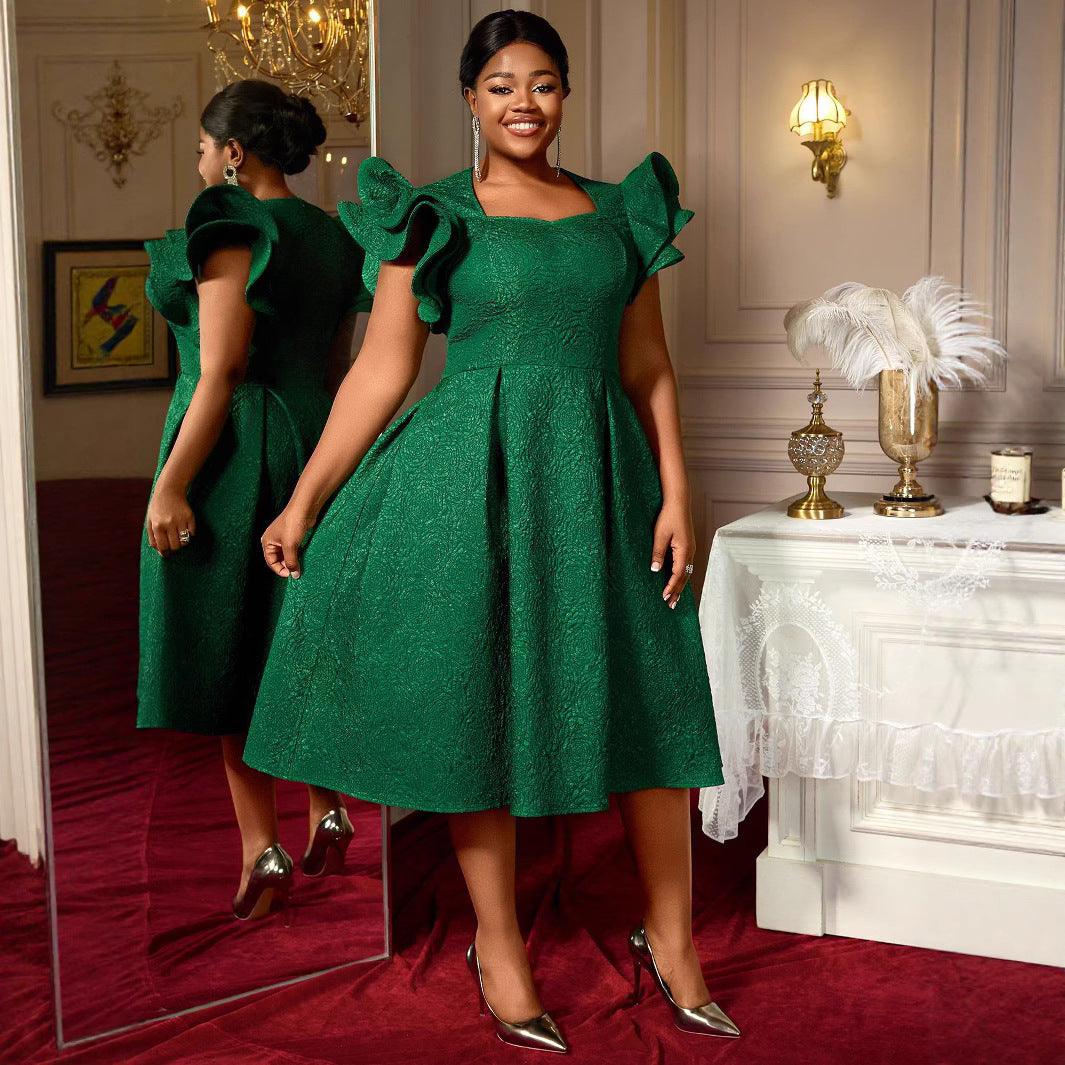 Dark Green Plus-Size Socialite Dress with Ruffled Sleeves Jacquard