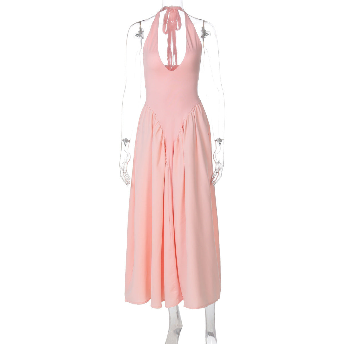 Sexy Deep V-Neck Halter Dress with Hollow Out Detailing – Flared Hem Maxi Dress