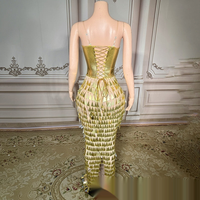 Gold Floor-Length Sleeveless Party Dress with Diamond Detailing