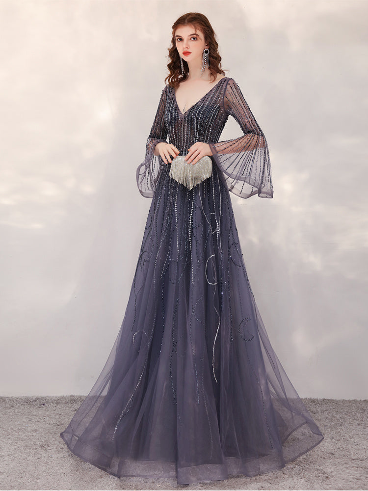 Plain Gray Trumpet Sleeve Dress with Zipper – Mid Waist