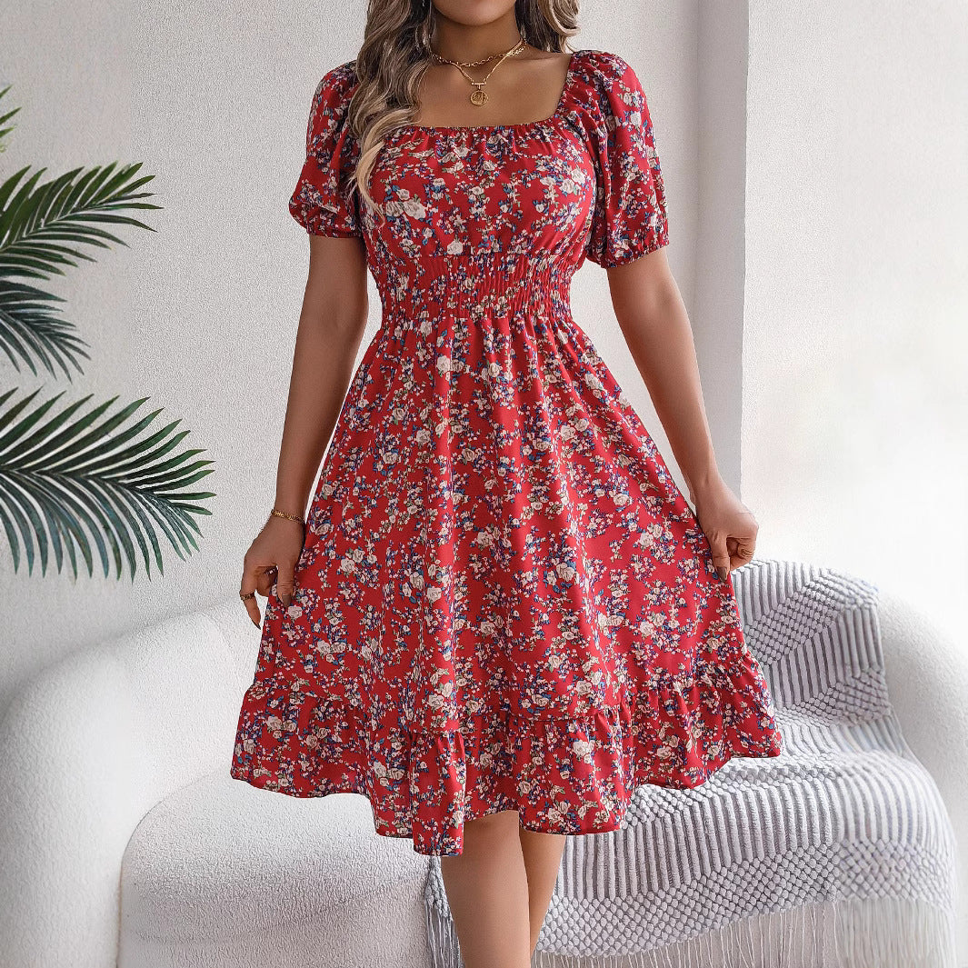 Floral Ruffle High Waist Dress – Short Sleeve Polyester Summer Dress