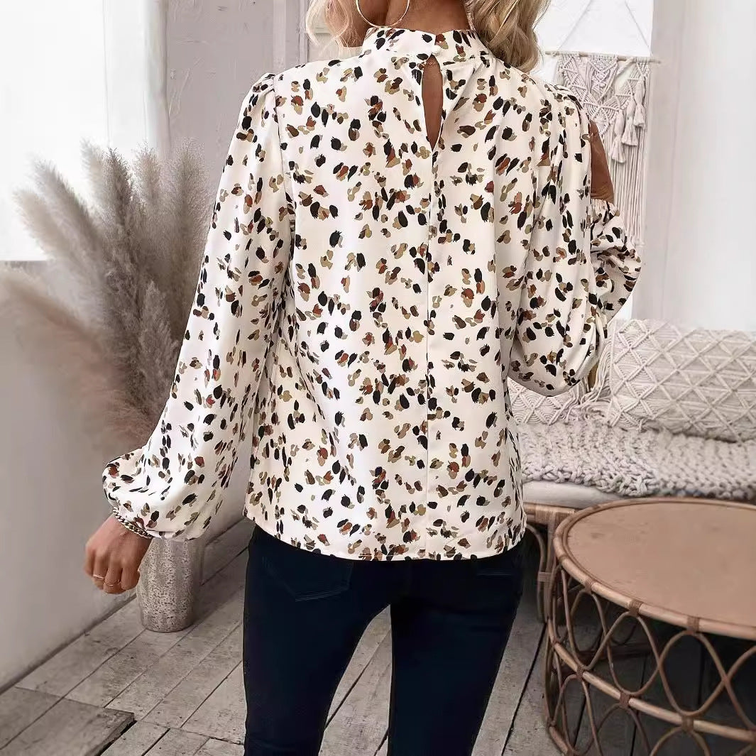 Women's White Lantern Sleeve Blouse Elegant Long Sleeve Polyester Top