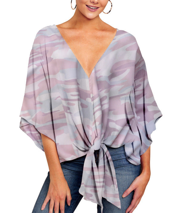 Blouse Leopard Print Shirts Floral Tie Front Blouses Batwing Summer Oversize Ladies Tops