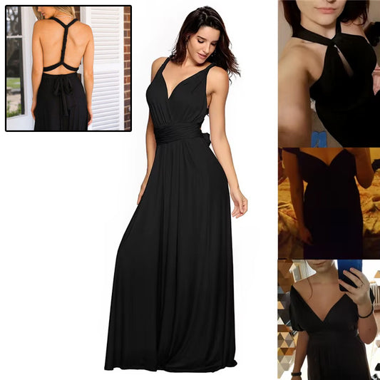 Convertible halter maxi dress with over 15 ways to wear. Elegant open-back design, pleated waist, and extra-long straps. Available in 13+ colors