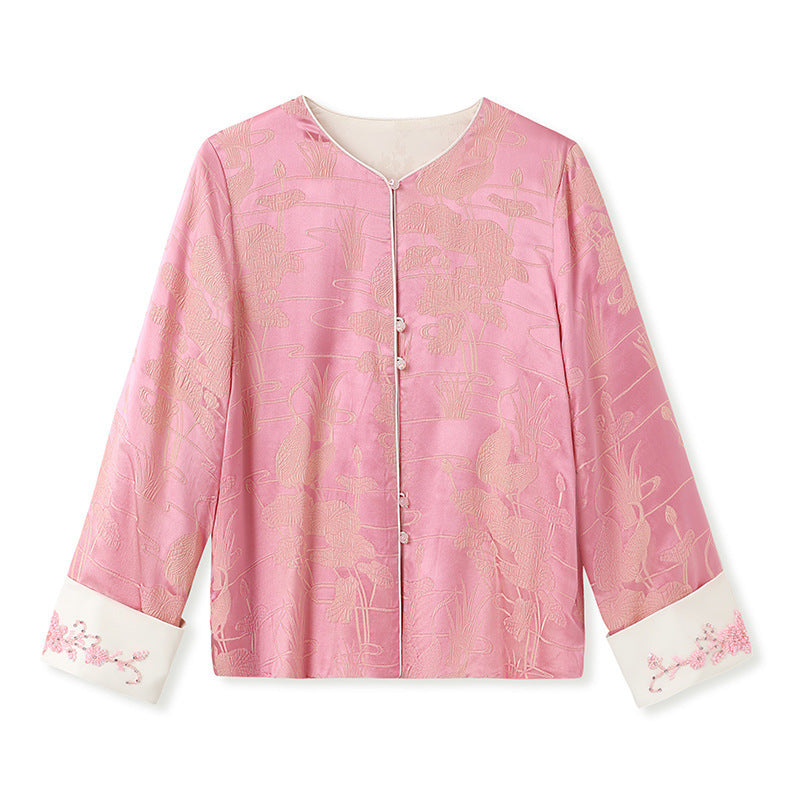Women’s Pink Silk Blouse – Chinese Style Art Retro Top with Floral Embroidery & Beading