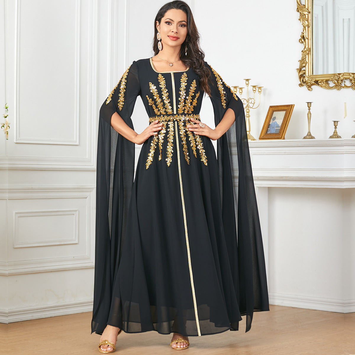 Chiffon Long Dress with Split Sleeves – Red / Black, M to XXL