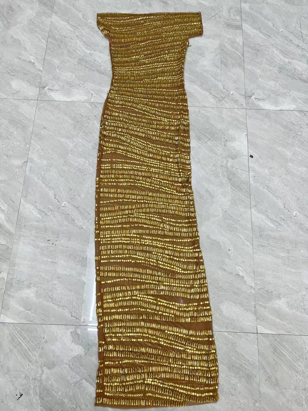 Gold Hip Skirt Long Dress with Rhinestones – European & American Style