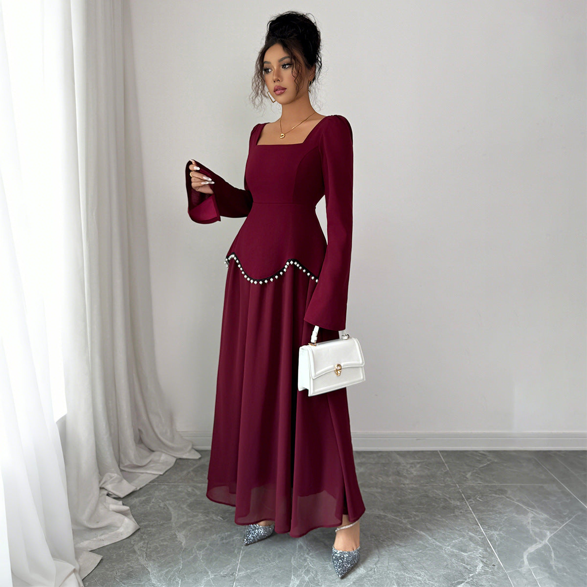 Women's Purplish Red Bell Sleeve Midi Dress – Elegant Mid Waist Long Sleeve Dress