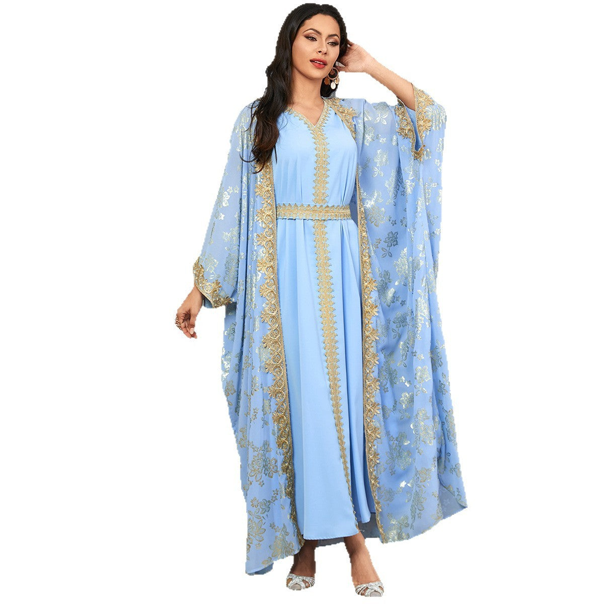 Elegant Long Belted Dress with Gold Detailing – Women's Polyester Maxi Dress