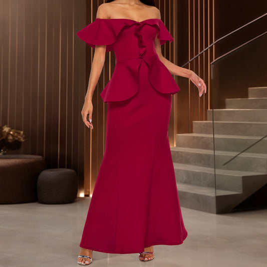 Elegant red fishtail tube dress with high waist, ruffle short sleeves, and stitching details. Perfect for work or special occasions.