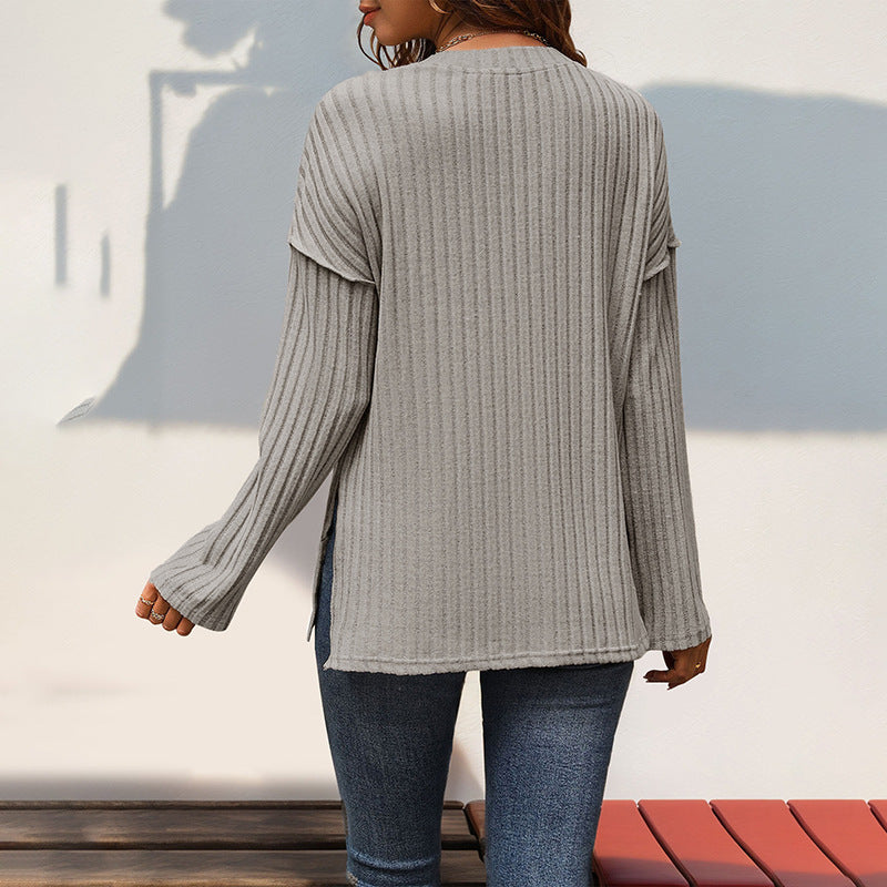 Women’s Khaki Pullover T-Shirt – Japanese Korean Casual Style with Button Detail