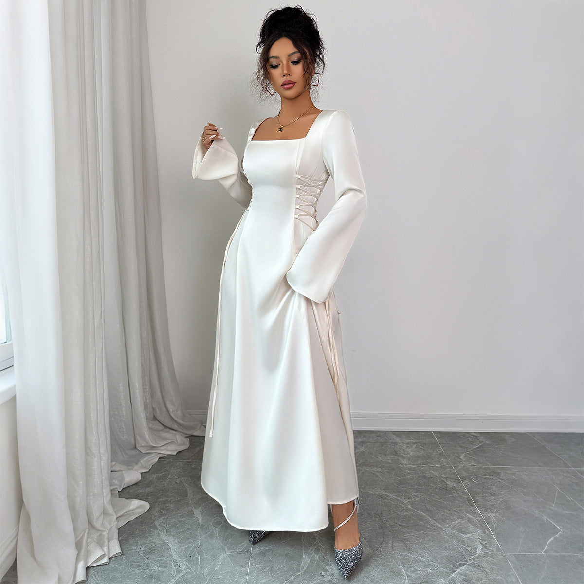 Women's Apricot Bell Sleeve Midi Dress – Elegant Mid Waist Long Sleeve Dress