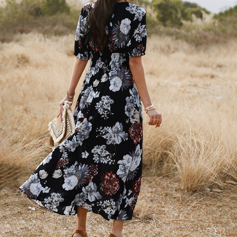 Printed V-Neck Midi Dress – High Waist Flowy Hem Dress with Short Sleeves