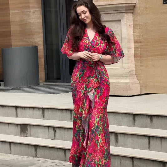 Turn heads in this sexy red floral dress featuring ruffled sleeves and splicing details. Lightweight polyester fabric, perfect for summer days or nights.