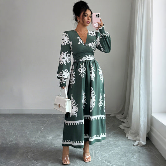 Stylish army green ethnic print dress with long sleeves and mid waist. Perfect for casual, boho, or modest fashion looks. Available in S–XL. Polyester fabric