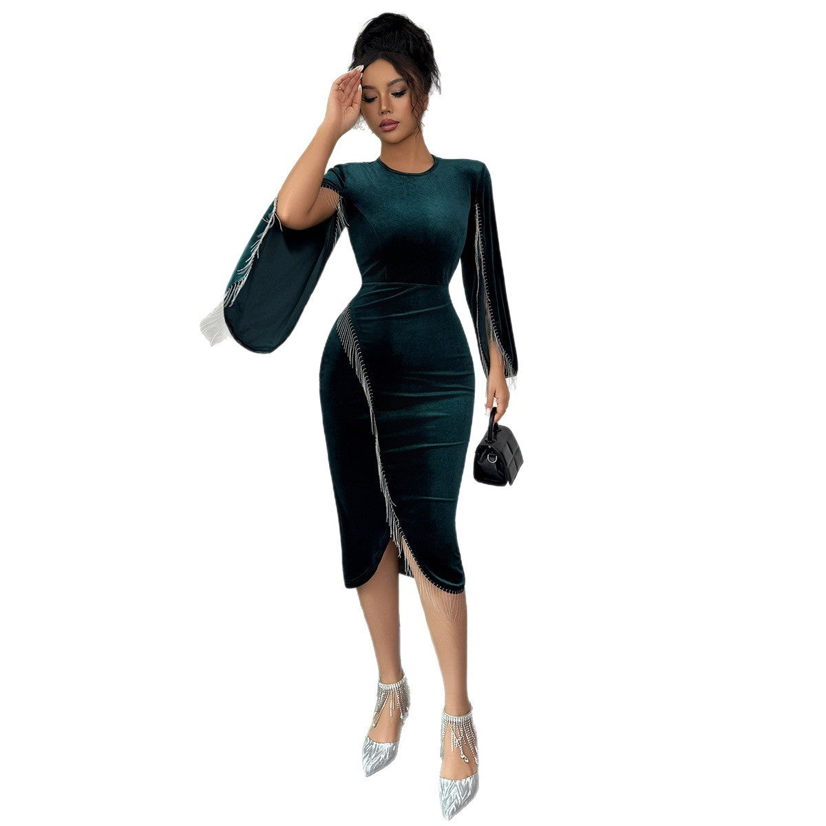 Women's Dark Green Bell Sleeve Midi Dress – Elegant Long Sleeve Mid-Waist Dress