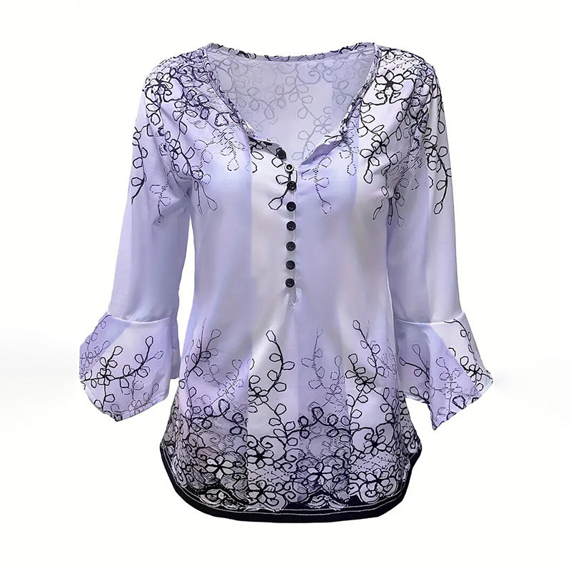 Women's V-Neck 3/4 Sleeve Button Front Tunic Blouse Dressy Casual Tee Top