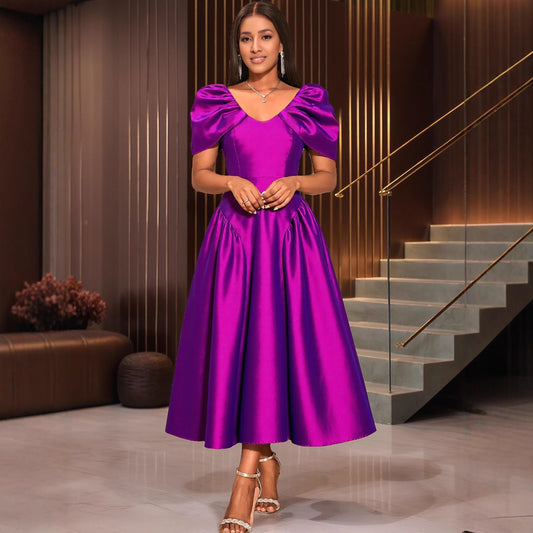 purple A-line dress, puff sleeve dress, high waist dress, elegant women’s dress, pullover dress, long skirt dress, temperament commute dress, polyester dress, stitched splicing dress, S M L XL XXL dress