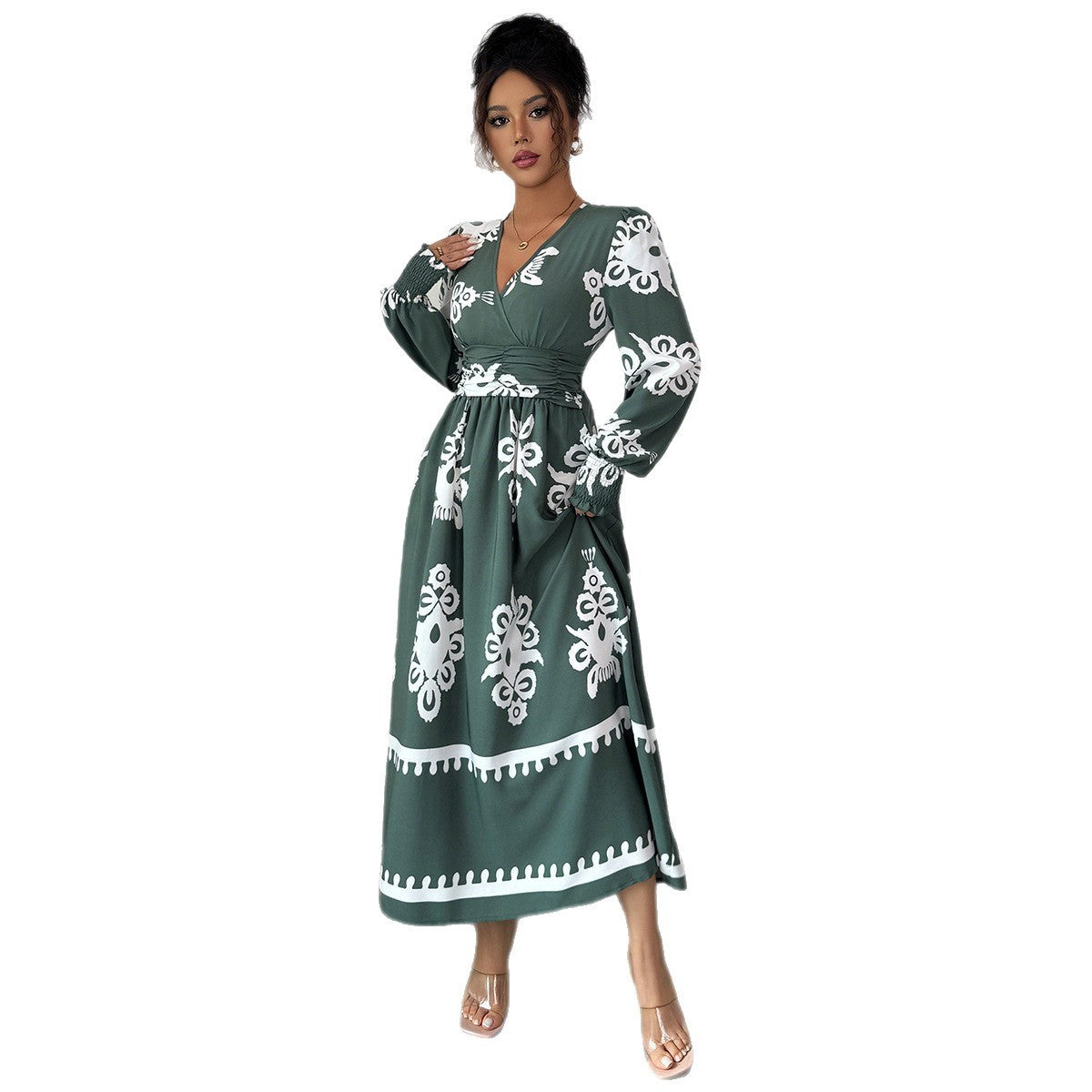 Women's Army Green Ethnic Print Long Sleeve Dress – Mid Waist Boho Style
