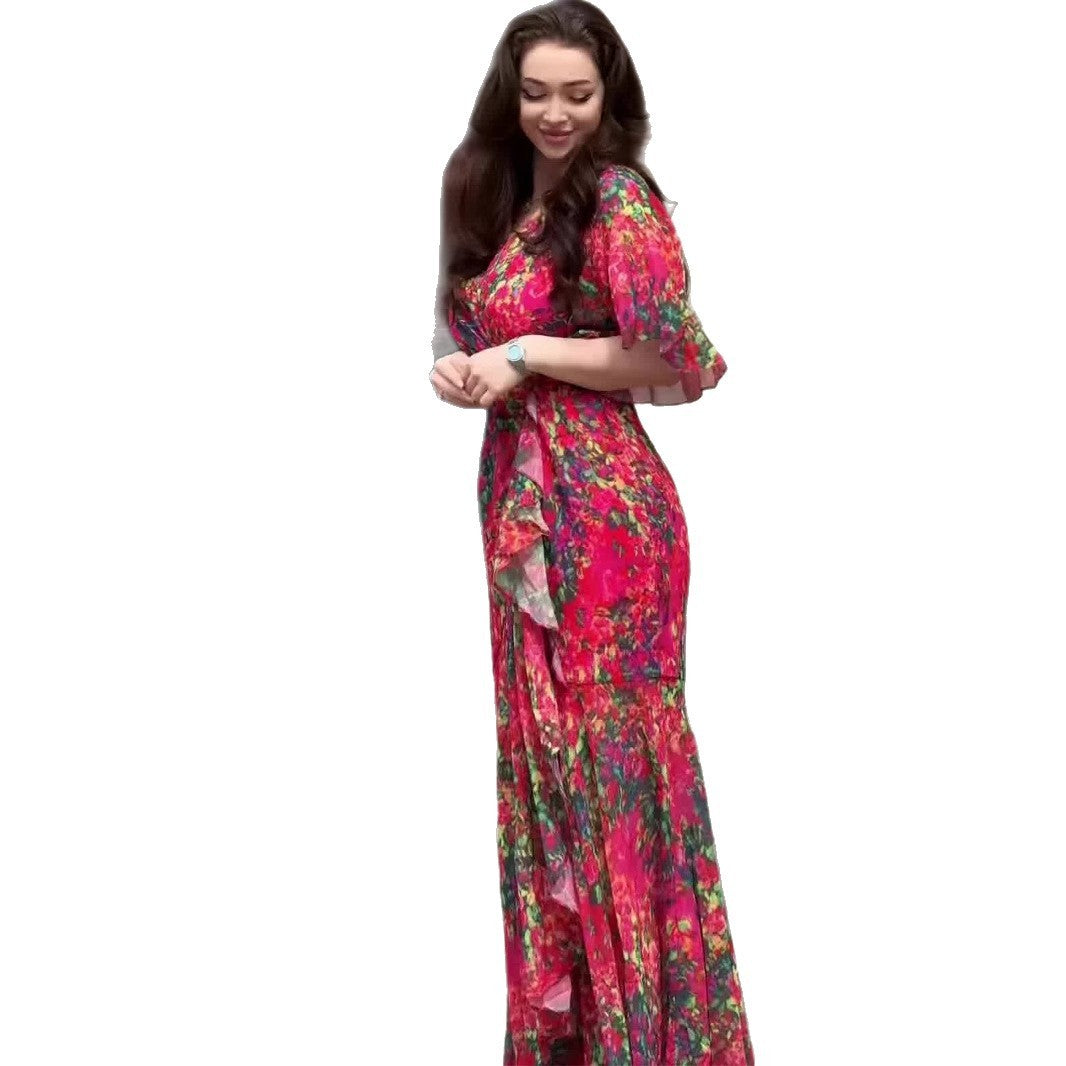 Women's Red Floral Ruffle Sleeve Dress – Sexy Spliced Summer Style