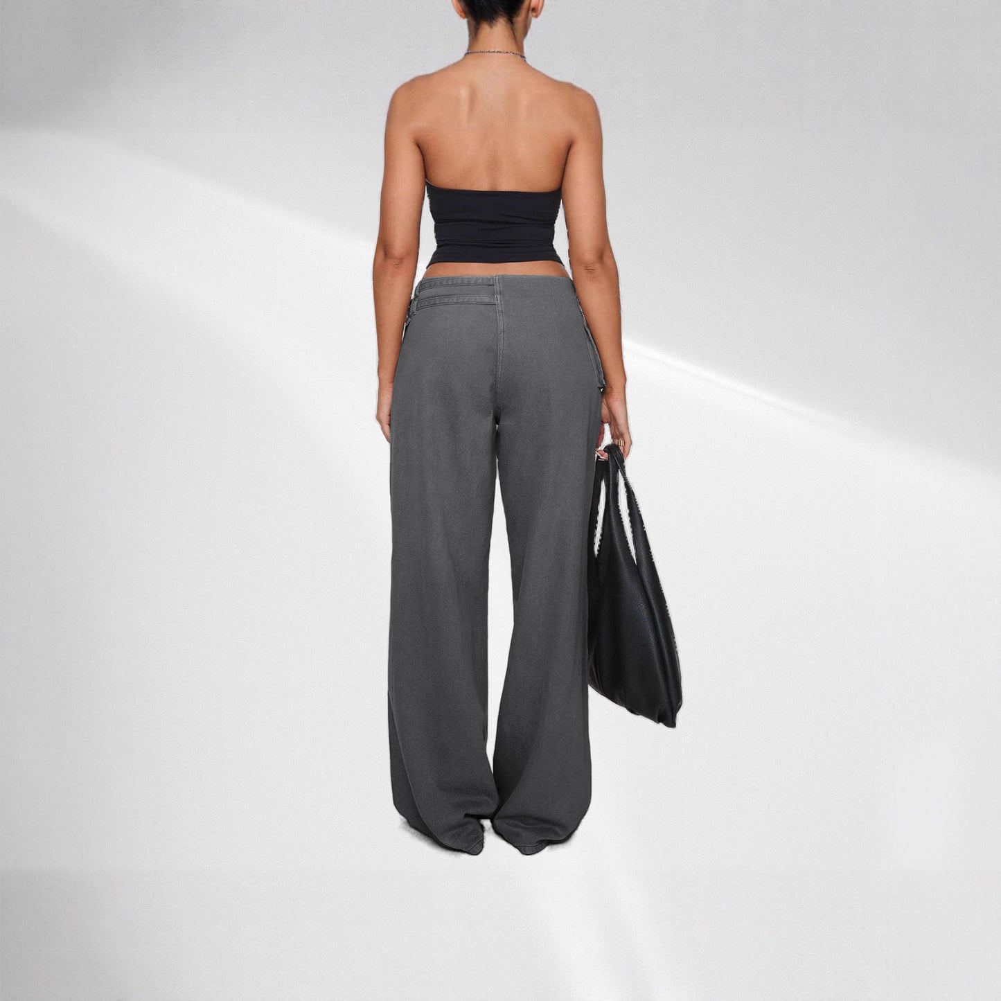 European & American Style Dark Wide-Leg Jeans with Unique Belt Buckle, Asymmetric Pocket, and Trendy Streetwear Vibe