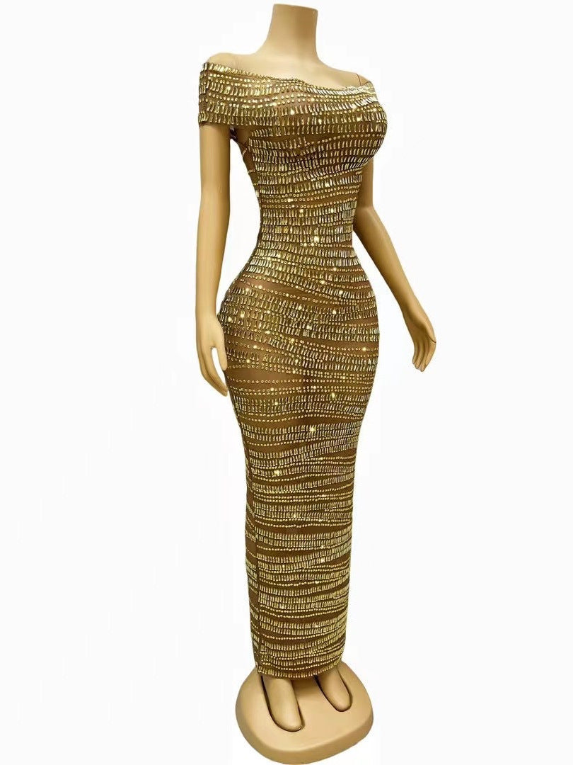 Gold Hip Skirt Long Dress with Rhinestones – European & American Style