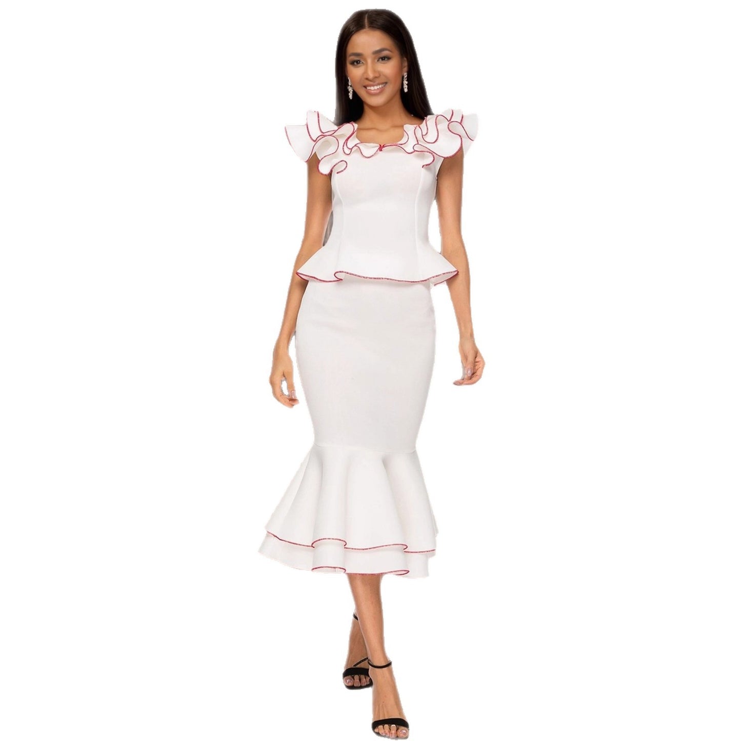 White Mid-Length Urban Dress with Ruffled Sleeves