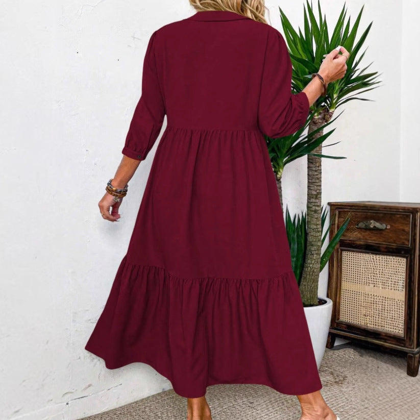 Wine Red Swing Maxi Dress – Plus Size European Style Long Dress