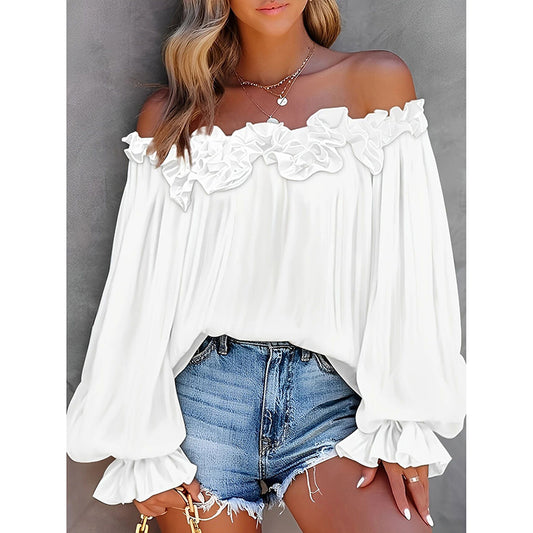 Discover the perfect off-shoulder ruffle blouse! Flowy long sleeves, boho chic design, and versatile styling for beach, travel, or evening wear.